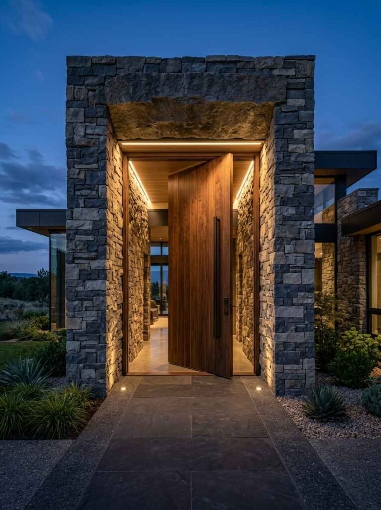 Oversized custom pivot front door made of natural hardwood framed by stacked stone pillars and recessed architectural lighting