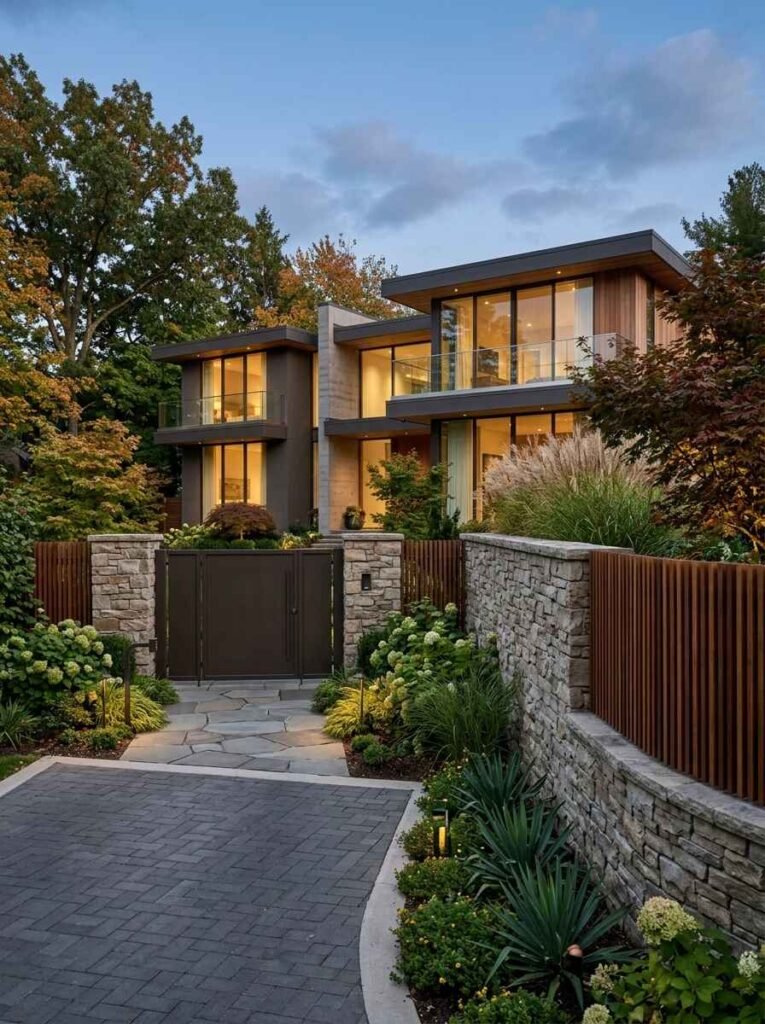 High-end privacy wall combining stacked natural stone, rich vertical timber slats, and an integrated dark metal entrance gate