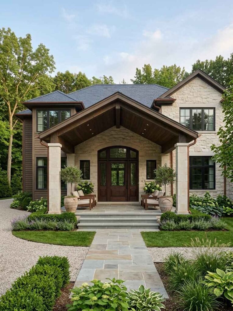 Luxury front porch design featuring a grand covered stone entry, wood-paneled ceiling, bluestone paver steps, and lush floral landscaping