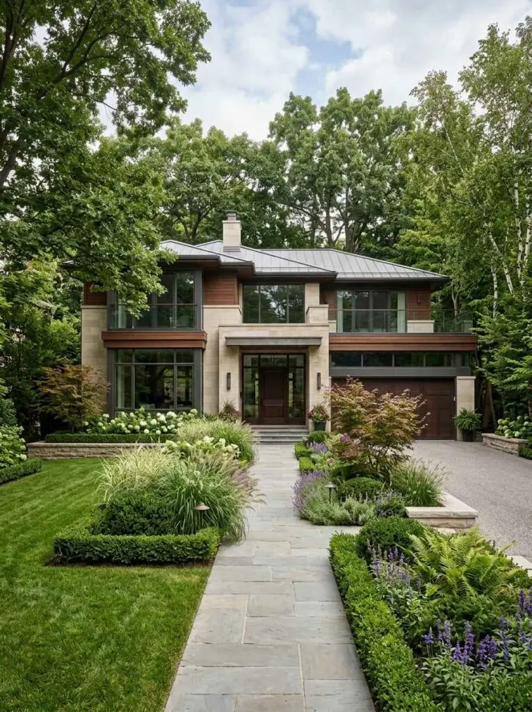 Manicured luxury front yard landscaping featuring a bluestone garden path, sculptured ornamental shrubs, hydrangeas, and integrated pathway lighting