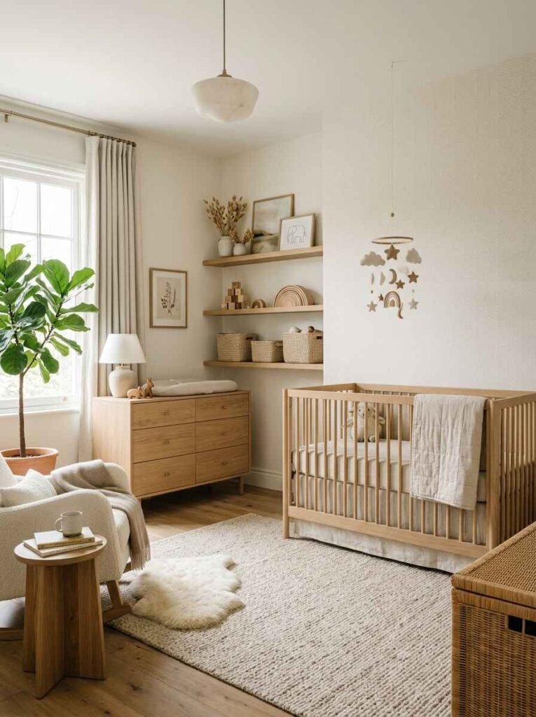 Luxury gender-neutral nursery featuring a natural light wood crib, open floating shelves, woven storage baskets, bouclé glider, and soft cream rug.