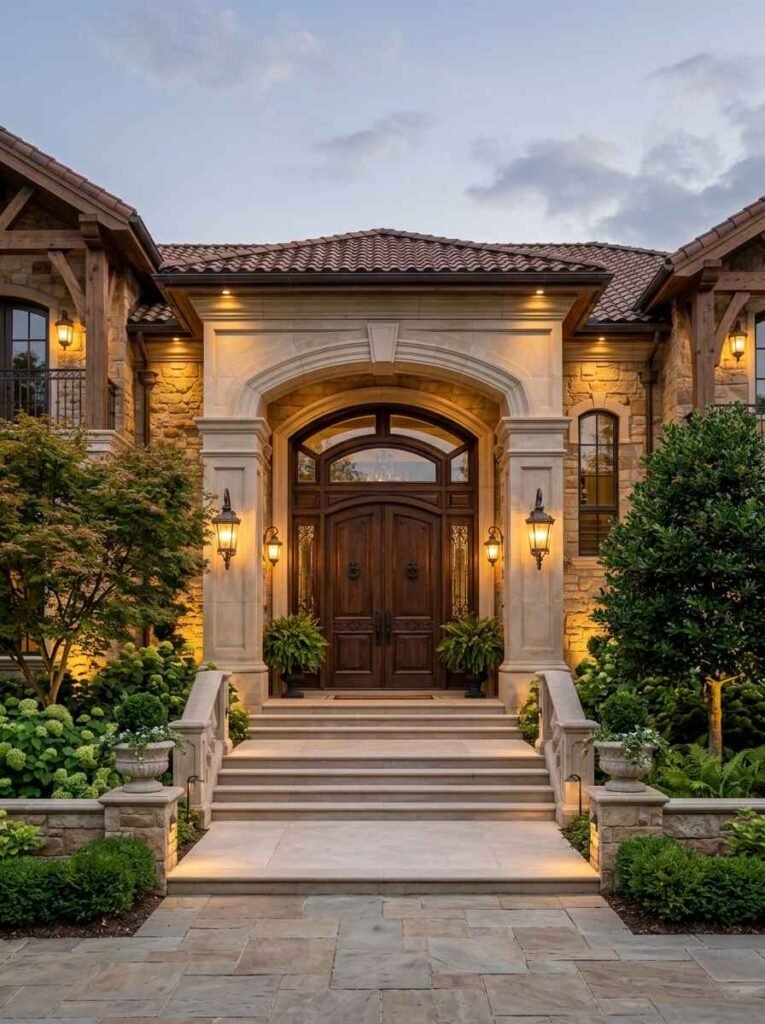 Grand Mediterranean luxury home entrance with carved limestone archway, heavy double wooden front doors, and warm hanging lantern lighting