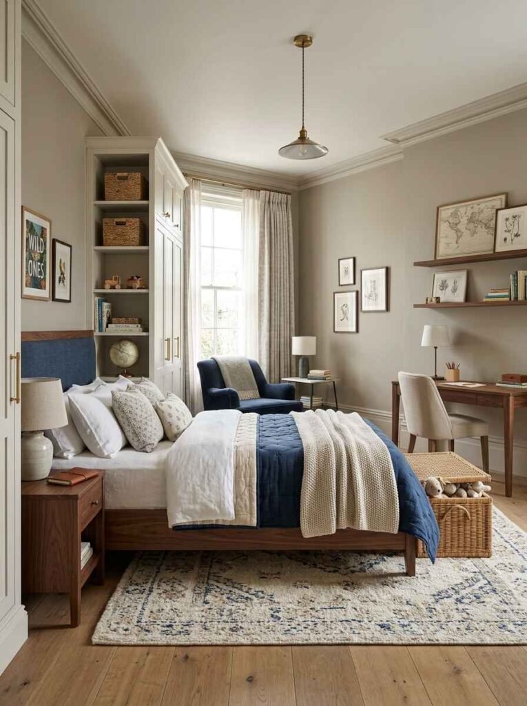 Adaptable luxury kids bedroom featuring a dark walnut bed frame, deep blue velvet accent quilt, cream area rug, integrated wardrobe storage, and a wooden study desk.