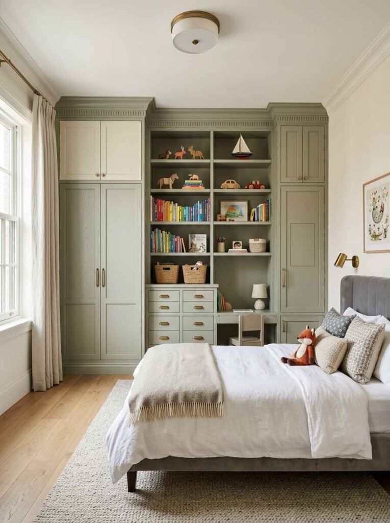 Custom sage green built-in storage wardrobe system in a kids room with open book shelving, integrated small desk area, and cream wall molding.