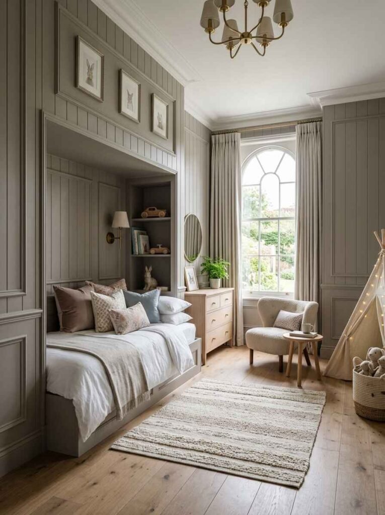 Taupe custom alcove daybed surrounded by detailed wall paneling and wainscoting in an elegant luxury kids bedroom with a plush bouclé lounge chair.