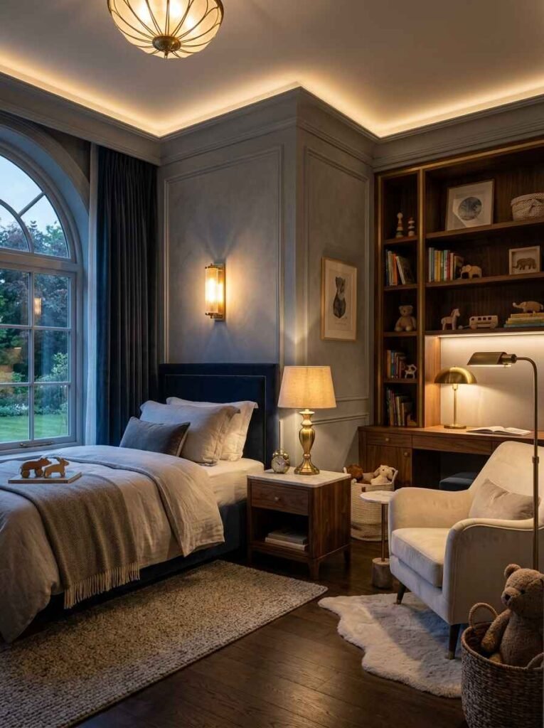 Warm ambient layered lighting setup in a luxury kids bedroom featuring cove ceiling lighting, brass sconces, table lamps, and custom illuminated desk shelving.