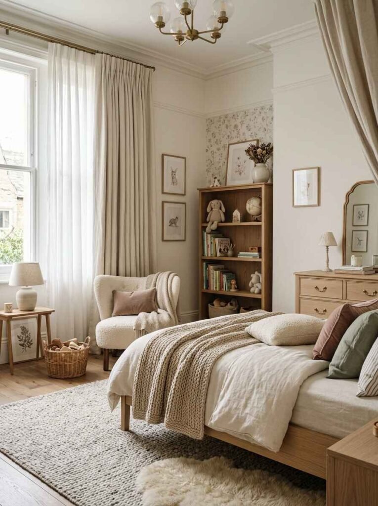 Textural design in a luxury kids bedroom showing a chunky knit throw, linen bedding, bouclé accent chair, plush wool rug, and sheer window drapery.