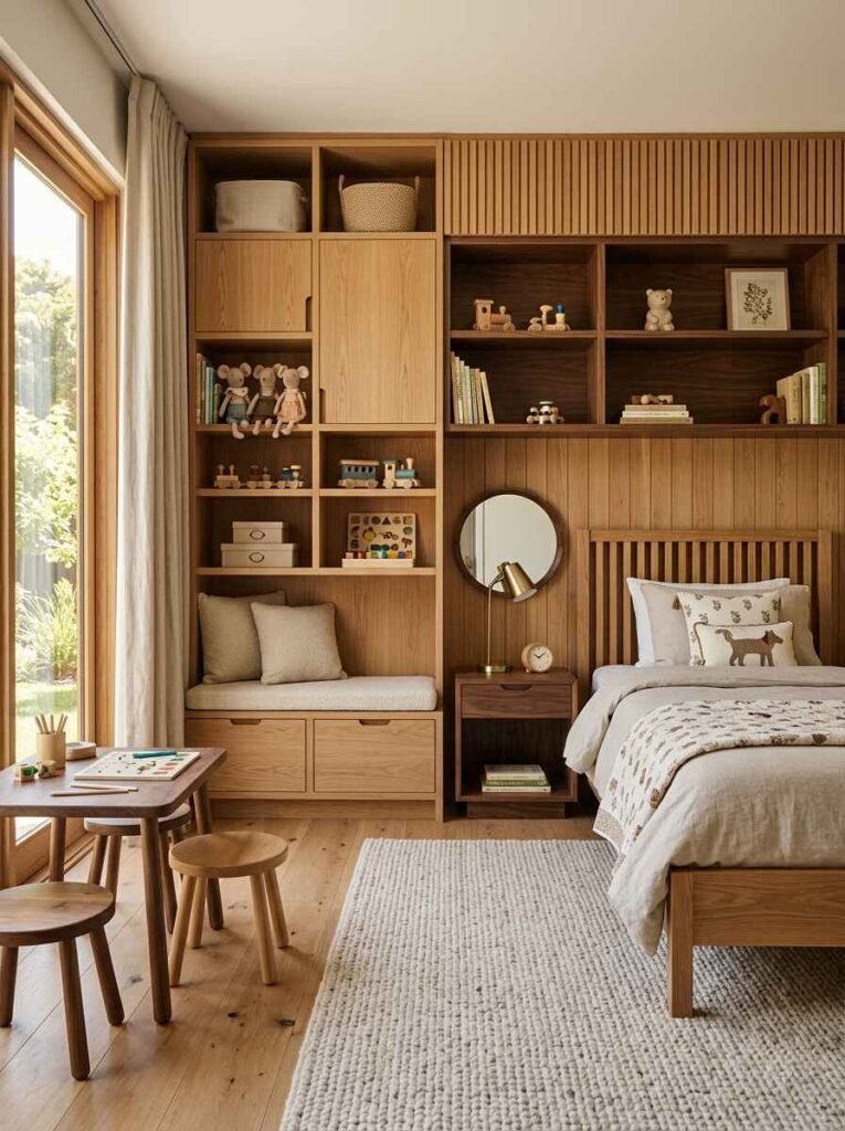 Natural oak and walnut wall paneling with integrated bookshelves, reading bench, matching kid-sized wooden table set, and vertical slatted storage.