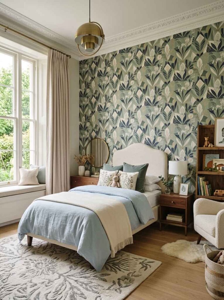 Sage green botanical wallpaper feature wall behind a light upholstered single bed in a stylish luxury kids bedroom with brass pendant lighting.