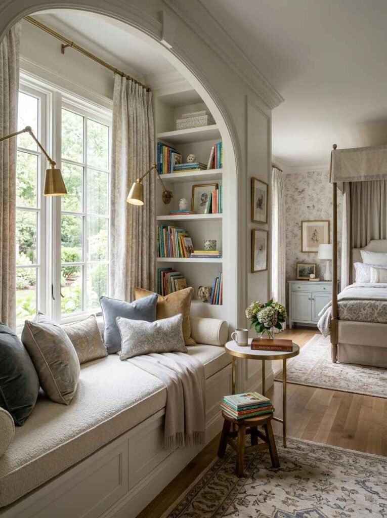 Built-in window seat reading nook in a luxury kids bedroom with soft cushions, brass wall sconces, custom bookshelf alcoves, and light wood flooring.