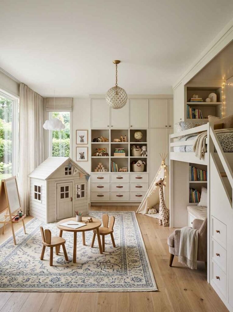 Spaciously designed luxury kids bedroom featuring a custom white loft bed setup, a mini wooden playhouse, small round craft table, and integrated storage cabinets.