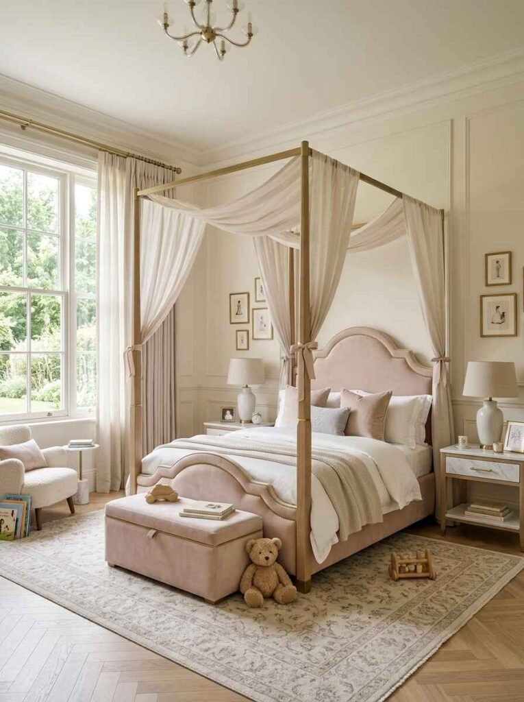 Luxury kids room centered around a brass canopy poster bed with dusty pink velvet headboard, sheer drape curtains, matching storage bench, and beige area rug.