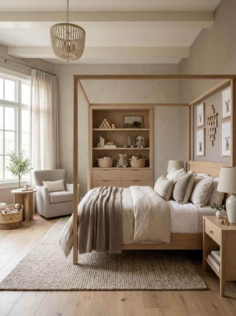 Neutral luxury kids bedroom ideas with a natural light oak canopy bed, matching wooden built-in shelving unit, beige linen bedding, and woven textured rug.