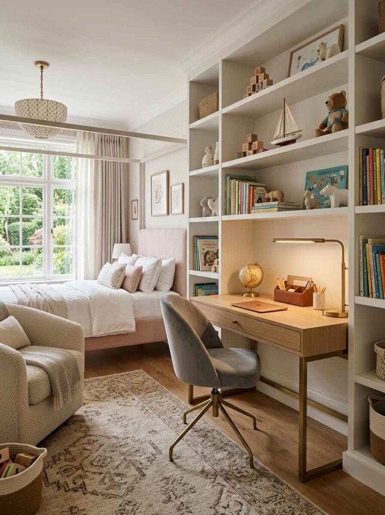 Built-in kids bedroom study area featuring a light wood desk, velvet swivel chair, sleek brass task lighting, and integrated floor-to-ceiling white bookcases.