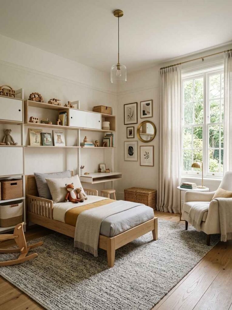 Adaptable luxury kids bedroom with a light wood bed, modular shelving system, small study desk, and neutral decor designed to grow with age.