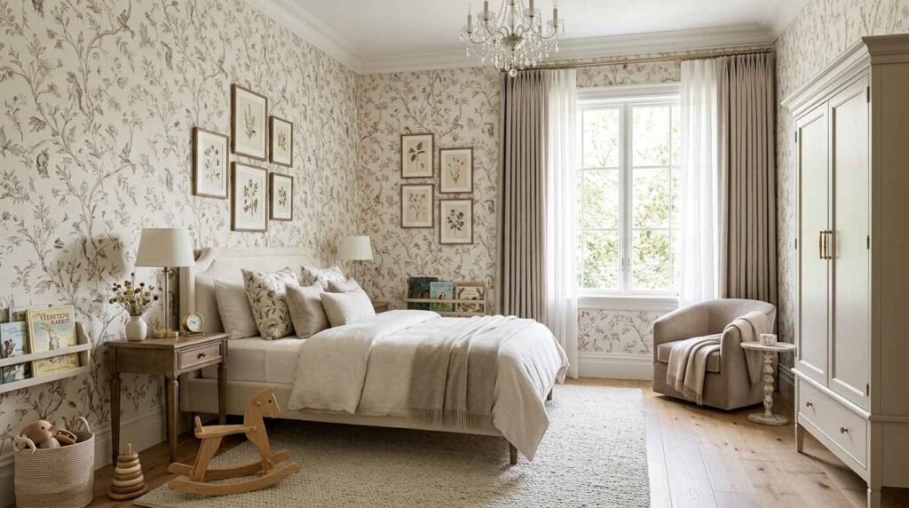 Subtle cream floral print wallpaper covering bedroom walls behind an upholstered bed frame, framed botanical art prints, and a crystal chandelier.