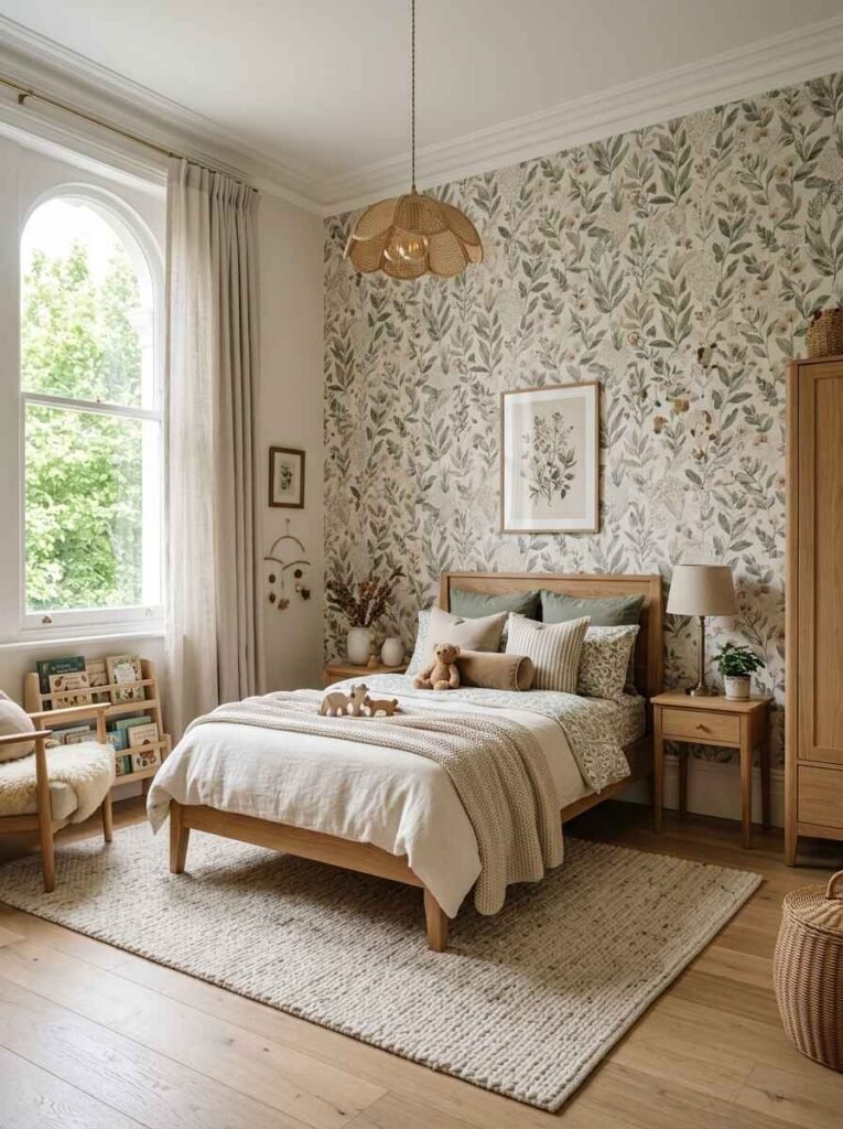 Sage green leaf print accent wallpaper behind a light oak wooden bed with neutral linen bedding and a woven rattan pendant light. luxury kids room wallpaper ideas