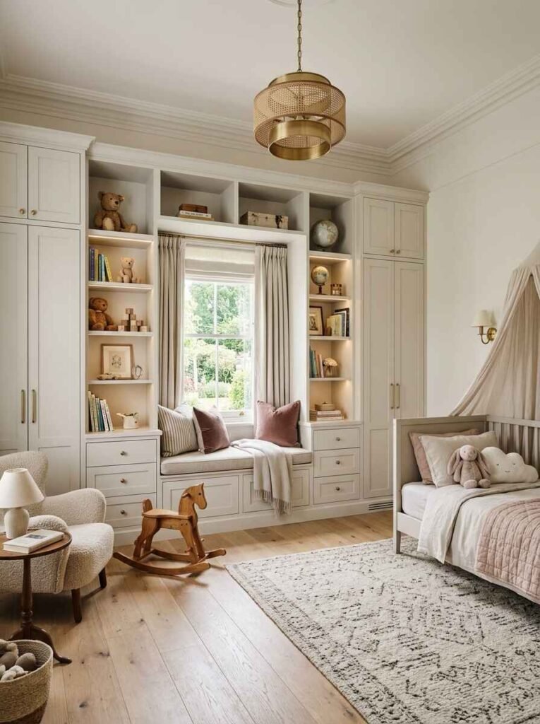 Luxury kids bedroom featuring off-white custom built-in wardrobes, illuminated display shelving, and an integrated padded window seat.