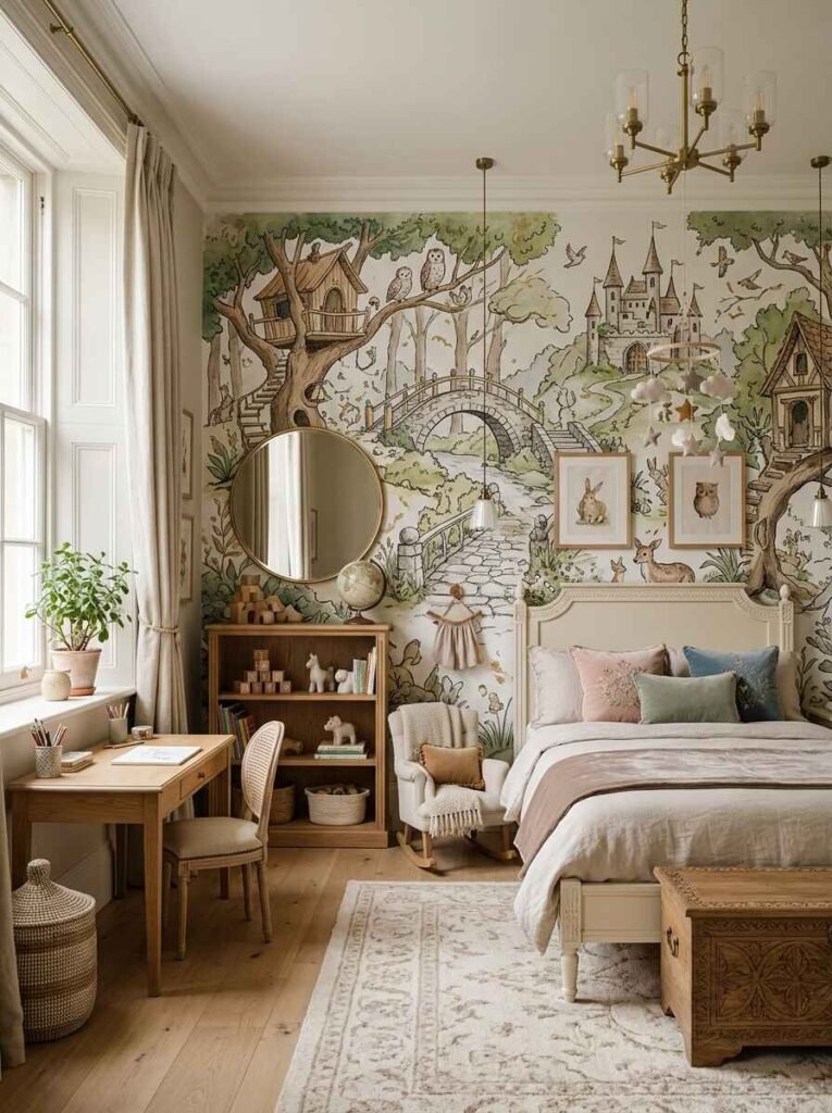 Bespoke storybook mural wallpaper featuring hand-drawn treehouses, castles, and woodland animals behind a cream bed frame and wooden study desk.