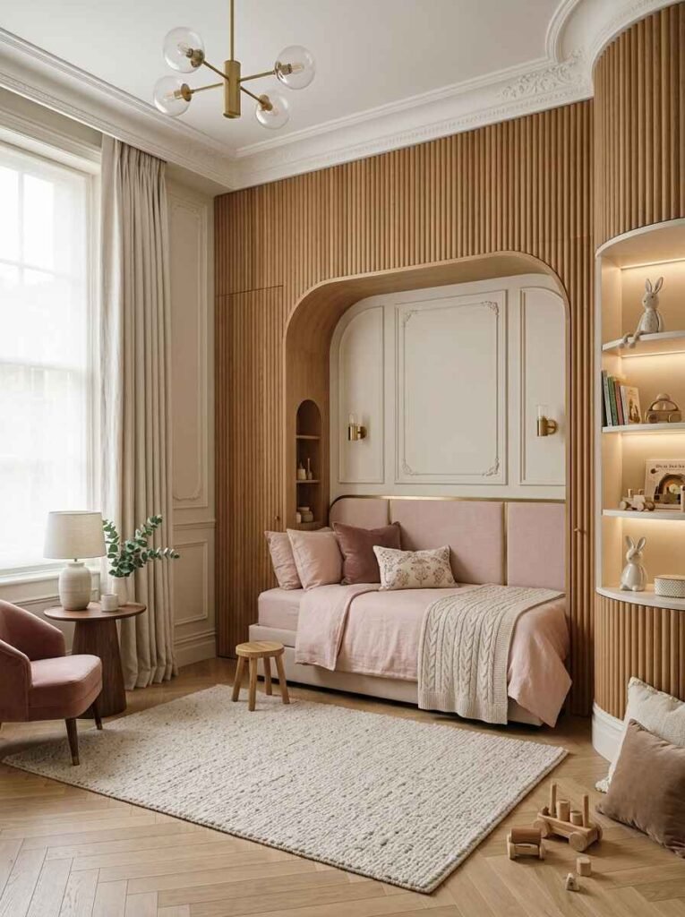 Upscale kids bedroom featuring fluted vertical wood wall paneling around a recessed bed nook, dusty pink armchair, and brass light fixtures.