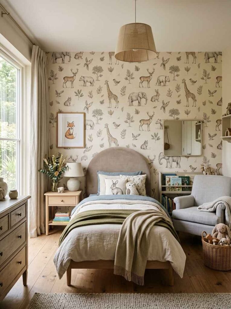 Hand-drawn safari animal pattern wallpaper on a beige backdrop behind an upholstered arch bed frame with dusty blue accents.