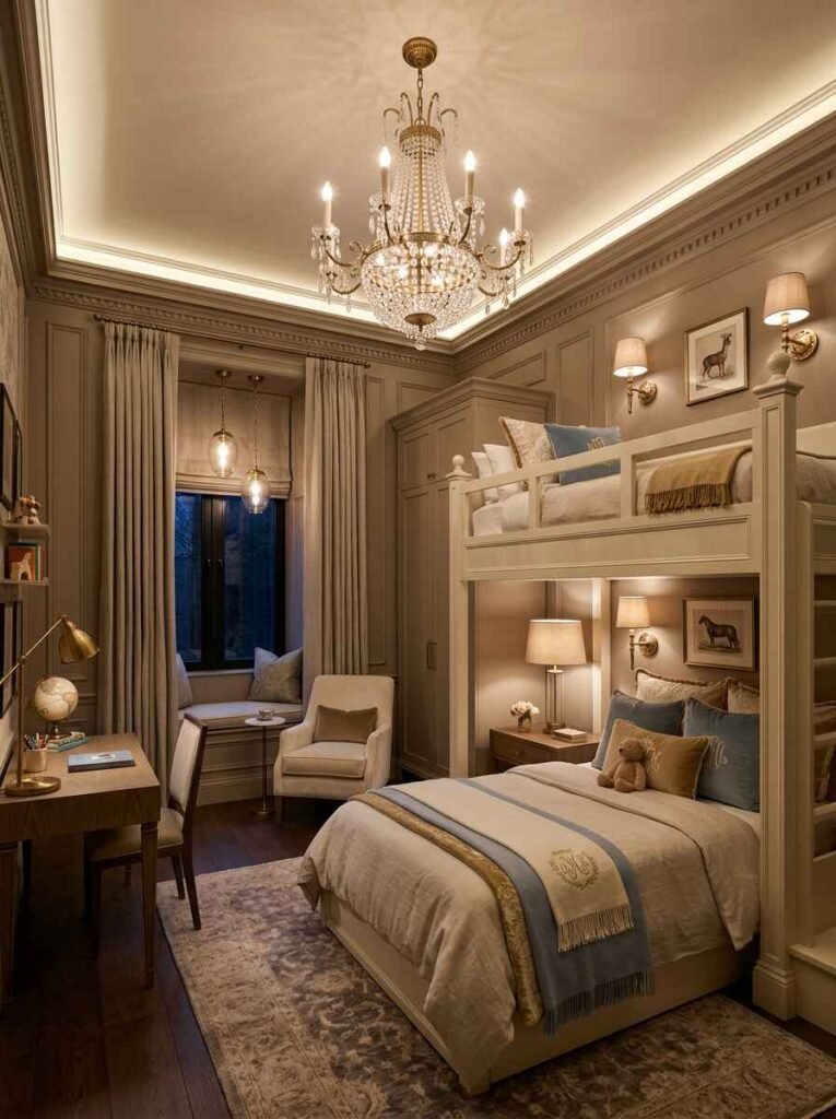 Elegant luxury kids room with layered lighting featuring a crystal chandelier, recessed cove ceiling lights, wall sconces, and custom bunk beds.