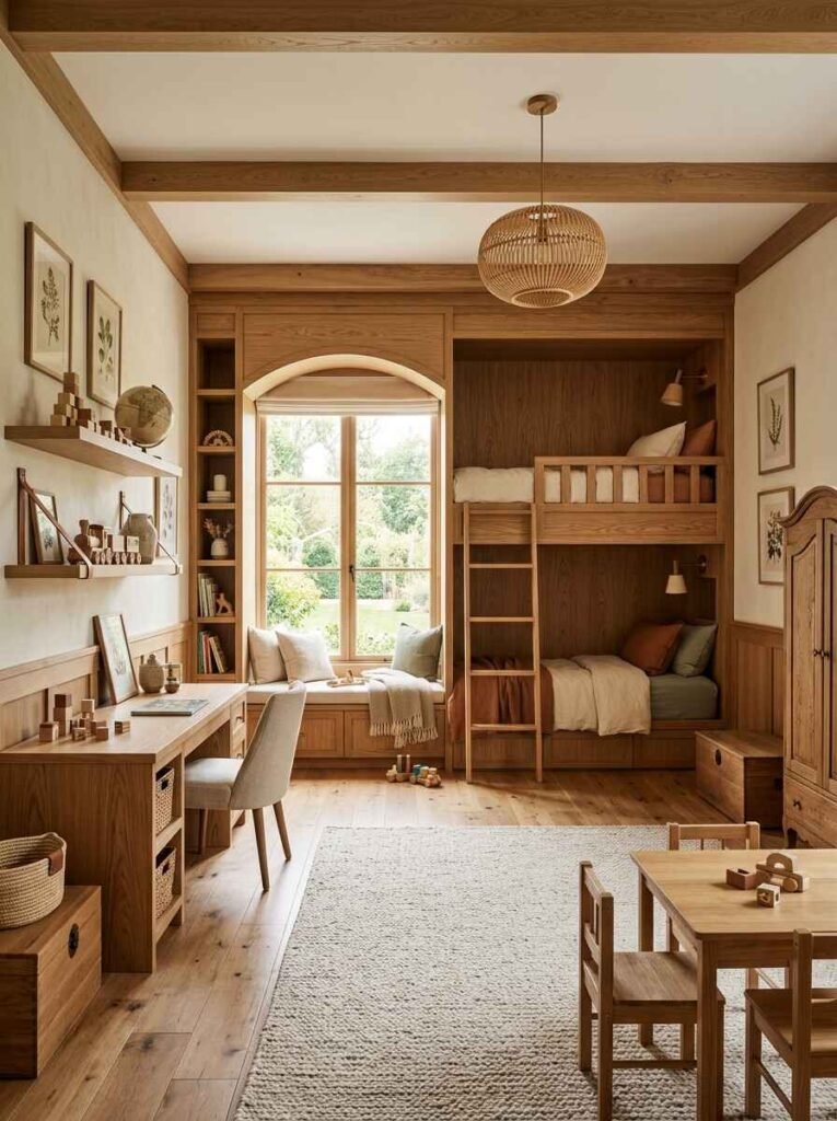 Warm luxury kids bedroom featuring custom natural oak wall paneling, built-in wooden bunk beds, matching study desk, and ceiling beams.