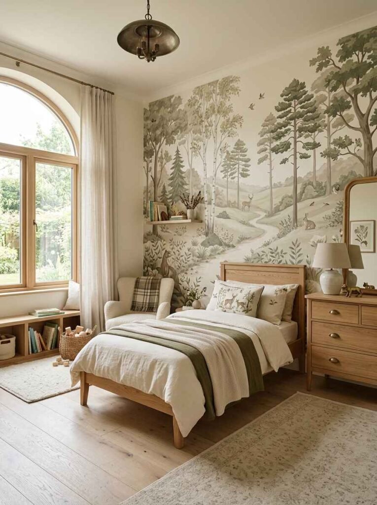 Woodland forest landscape wall mural with pine trees and deer behind an oak single bed with olive green throw blankets.