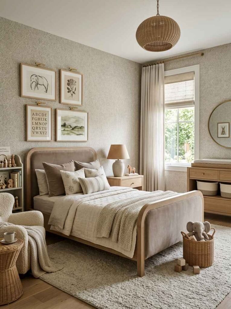 Textured greige wallpaper with subtle pattern lining a cozy bedroom with framed alphabet wall art, a rounded wooden bed, and woven storage baskets.
