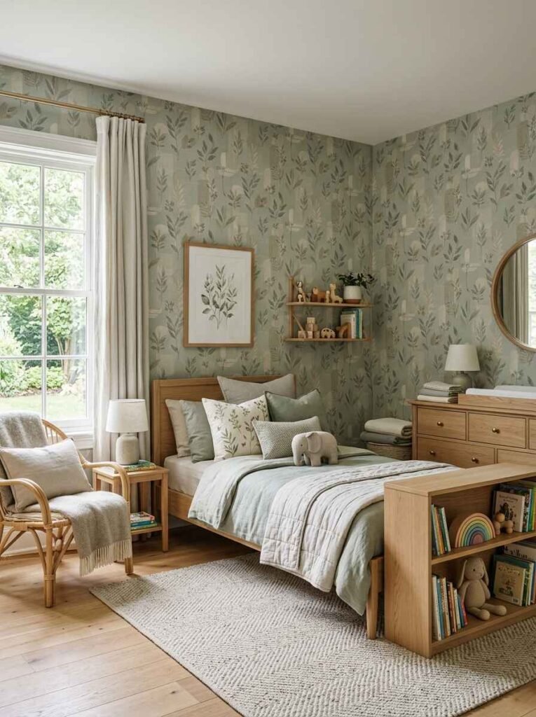Muted sage green botanical wall covering paired with light oak furniture, a wicker armchair, and layered sage bed linens.