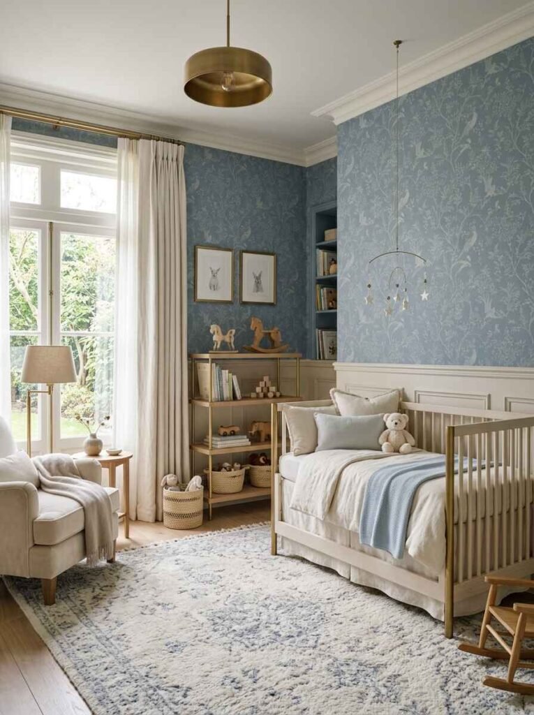 Subtle dusty blue floral print wallpaper paired with cream beadboard wainscoting, brass lighting, and an off-white wooden crib.