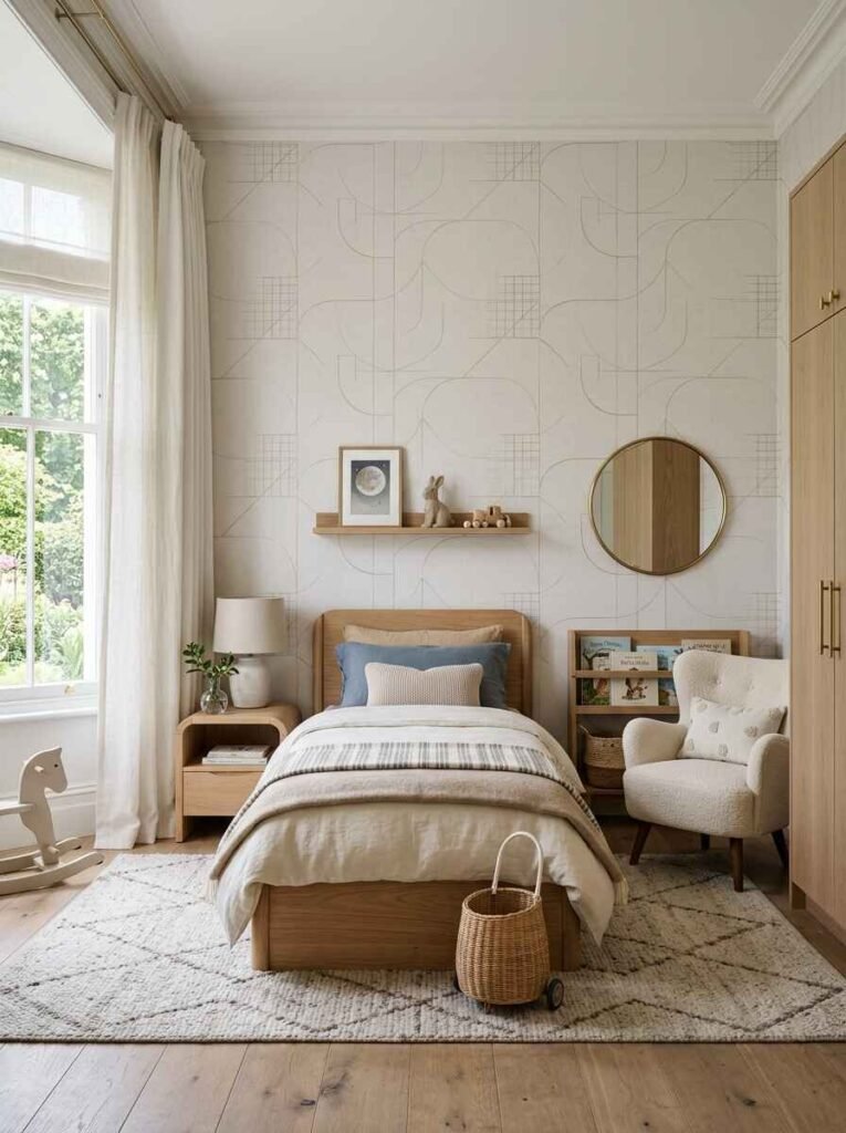 Minimalist off-white wallpaper featuring thin geometric grid line patterns behind a light wood twin bed and a plush armchair.