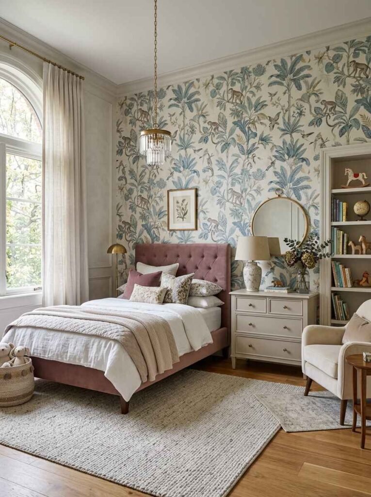 Luxury kids room featuring a dusty rose velvet tufted bed, brass accents, and a blue and green botanical monkey statement wallpaper wall.