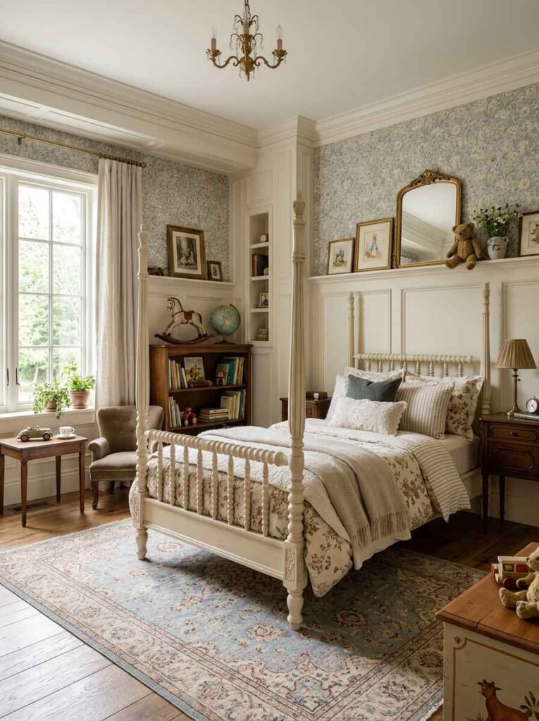 Vintage-inspired luxury kids room featuring a classic white spindle bed, classic wainscoting wall paneling, floral wallpaper, and antique brass details.