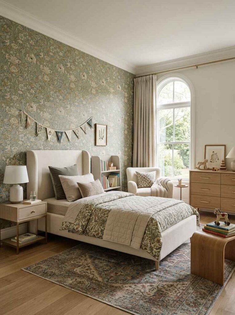 Classic William Morris style vintage floral wallpaper accenting an upholstered wingback bed, a traditional rug, and warm oak dressers.