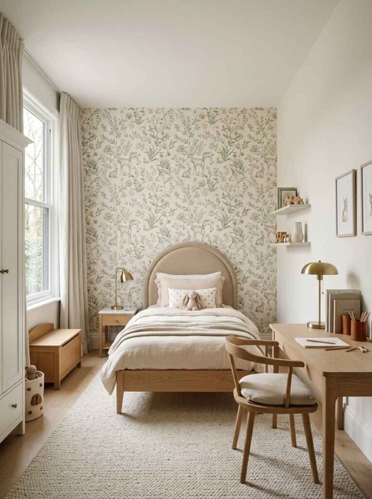 Delicate fawn and floral print feature wall behind a beige arched headboard, minimal wooden study desk, and soft cream drapery.