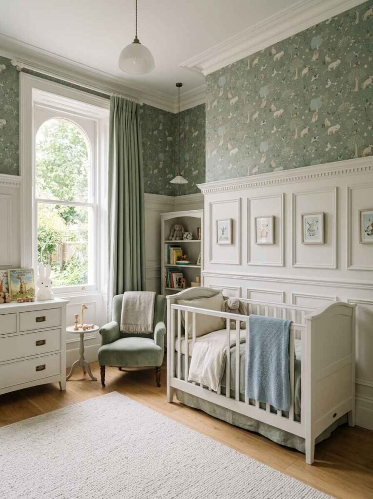 Sage green patterned wallpaper installed above white picture-frame wainscoting paneling in an elegant nursery with a white crib.