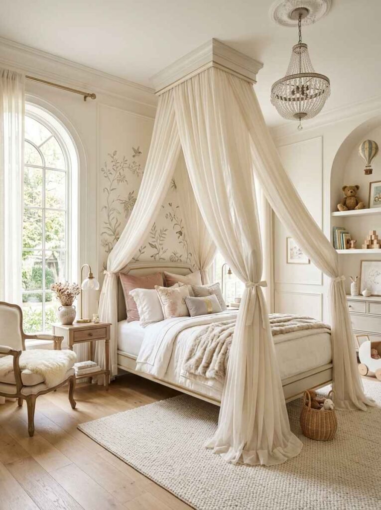 Elegant luxury kids bedroom with a flowing beige crown canopy over a tufted bed, crystal chandelier, and floral wall mural.