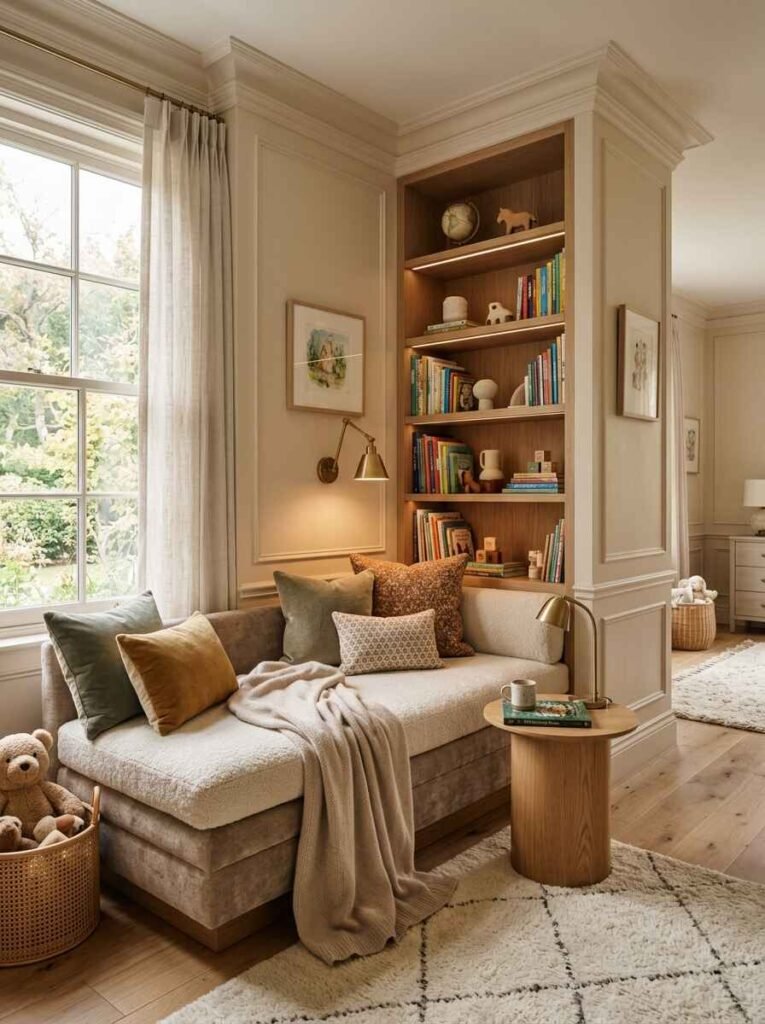 Cozy luxury kids reading nook featuring a custom built-in daybed with plush cushions, warm under-shelf lighting, and integrated wooden bookcase.