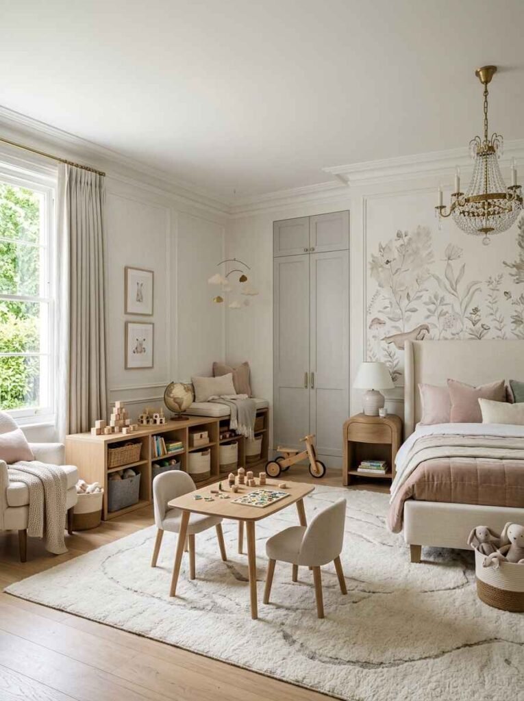 Spaciously designed luxury kids room with a dedicated central wooden play table, low cubby storage shelving, and neutral floral accent wall.