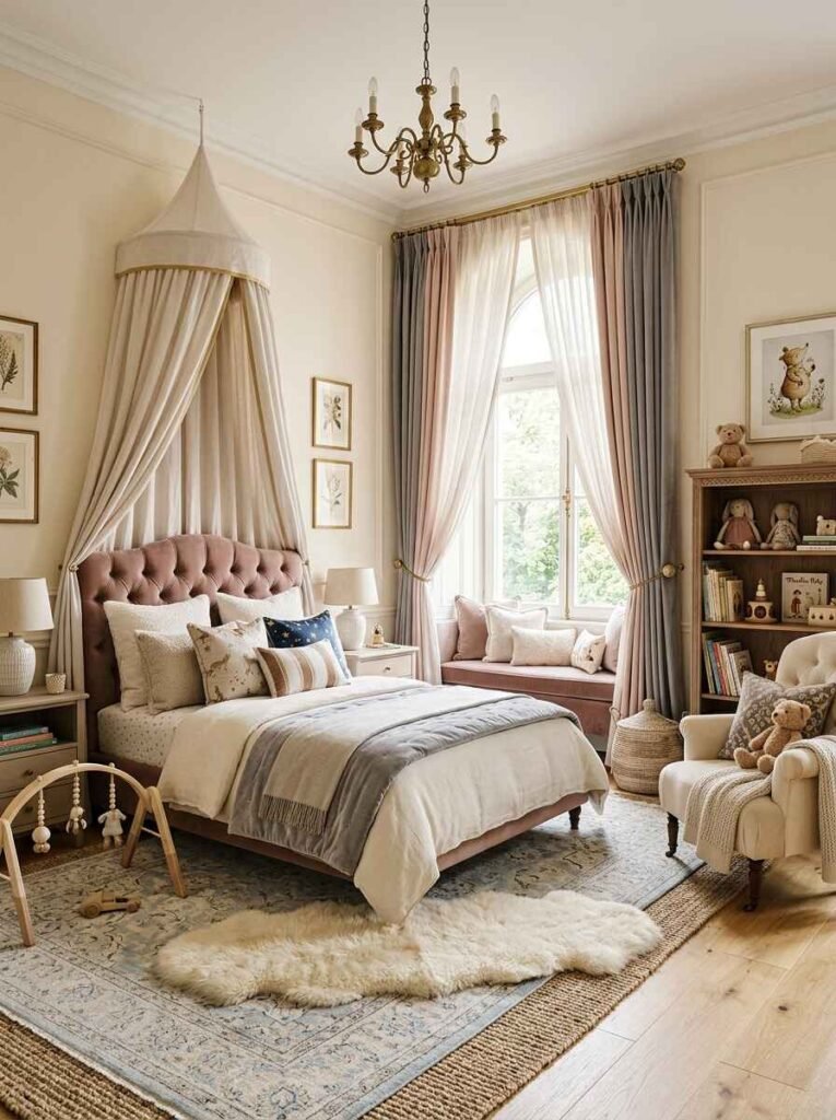 Softly textured luxury kids room featuring layered wool and jute rugs, dusty rose upholstered bed canopy, and sweeping floor-to-ceiling drapes.