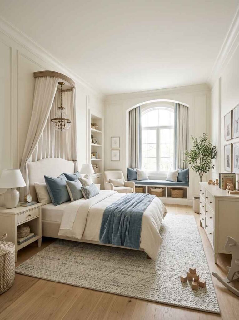 Sophisticated kids bedroom featuring a soft blue throw and accent pillows, beige canopy bed, built-in window seat, and arched window details.