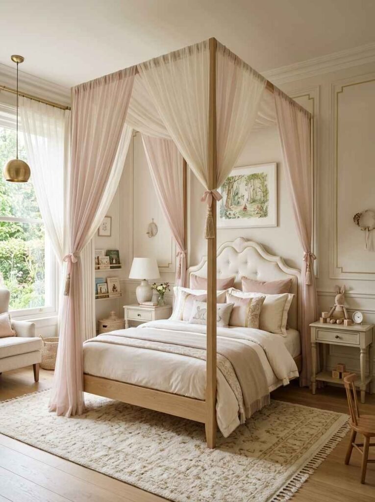 Elegant kids bedroom featuring a wooden four-poster canopy bed with sheer pink drapes, tufted headboard, and soft neutral floral art.