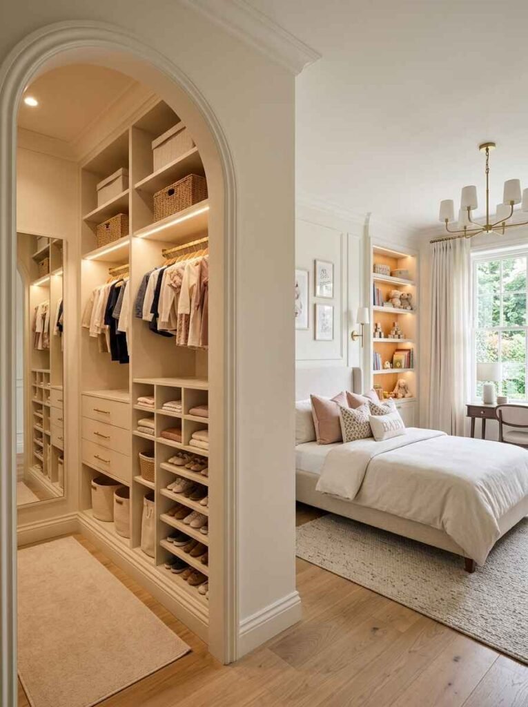 Luxury kids bedroom with an arched entrance leading to a custom walk-in wardrobe featuring built-in shoe cubbies, open shelving, and LED lighting.
