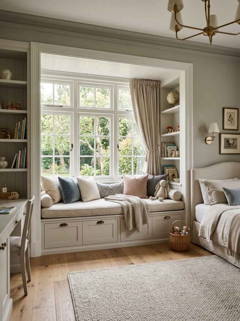 Sophisticated kids bedroom featuring a custom window seat with built-in storage drawers, flanked by open bookshelves and natural sunlight.
