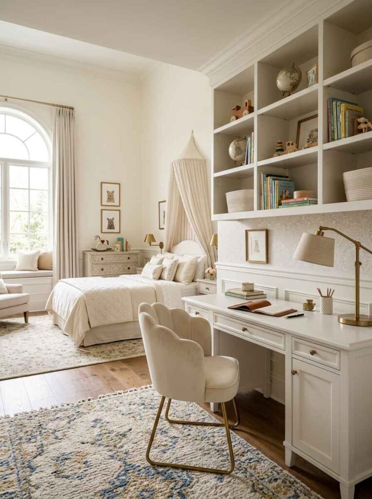 Upscale kids bedroom featuring a white writing desk paired with a velvet scalloped chair, backed by floor-to-ceiling built-in shelving.