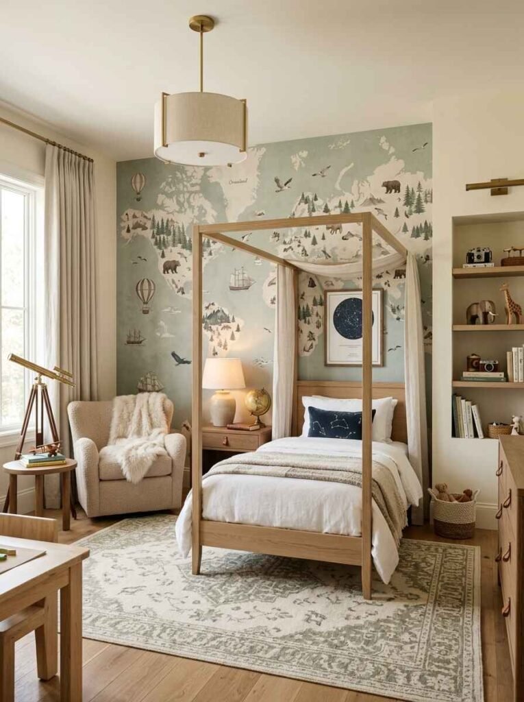 Adventurous yet luxury kids bedroom with a vintage world map mural wall behind a wooden four-poster canopy bed and brass accessories.