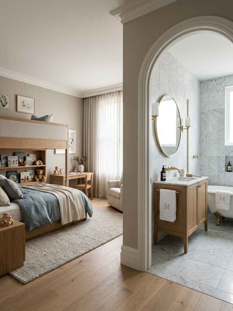 Luxury kids suite featuring a light wood bunk bed and desk connected via an arched doorway to a marble ensuite bathroom with a clawfoot tub.