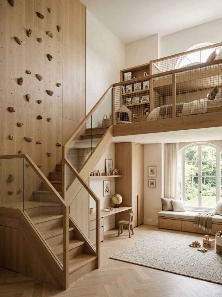 Modern kids bedroom design featuring a custom wooden climbing wall, loft bed with safety netting, built-in desk, and cozy window seat.
