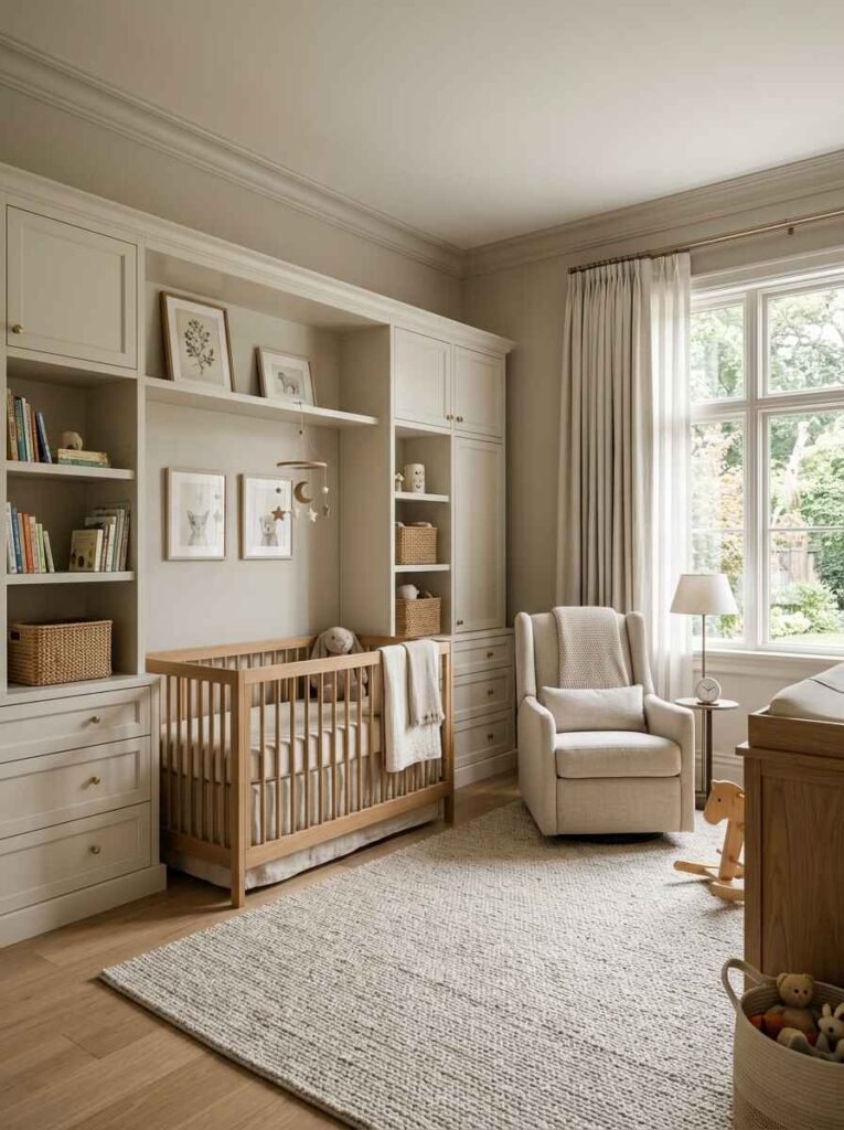 Adaptable luxury nursery designed to grow with the child, featuring custom built-in cabinetry, light oak crib, neutral glider, and timeless beige trim.